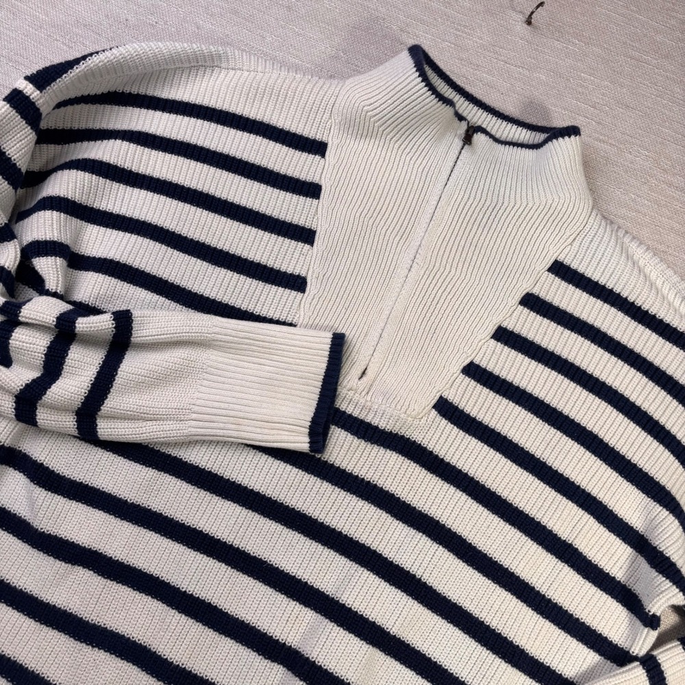Lands End Drifter Sweater Womens L 14-16 Cream Navy Striped Quarter Zip Knit